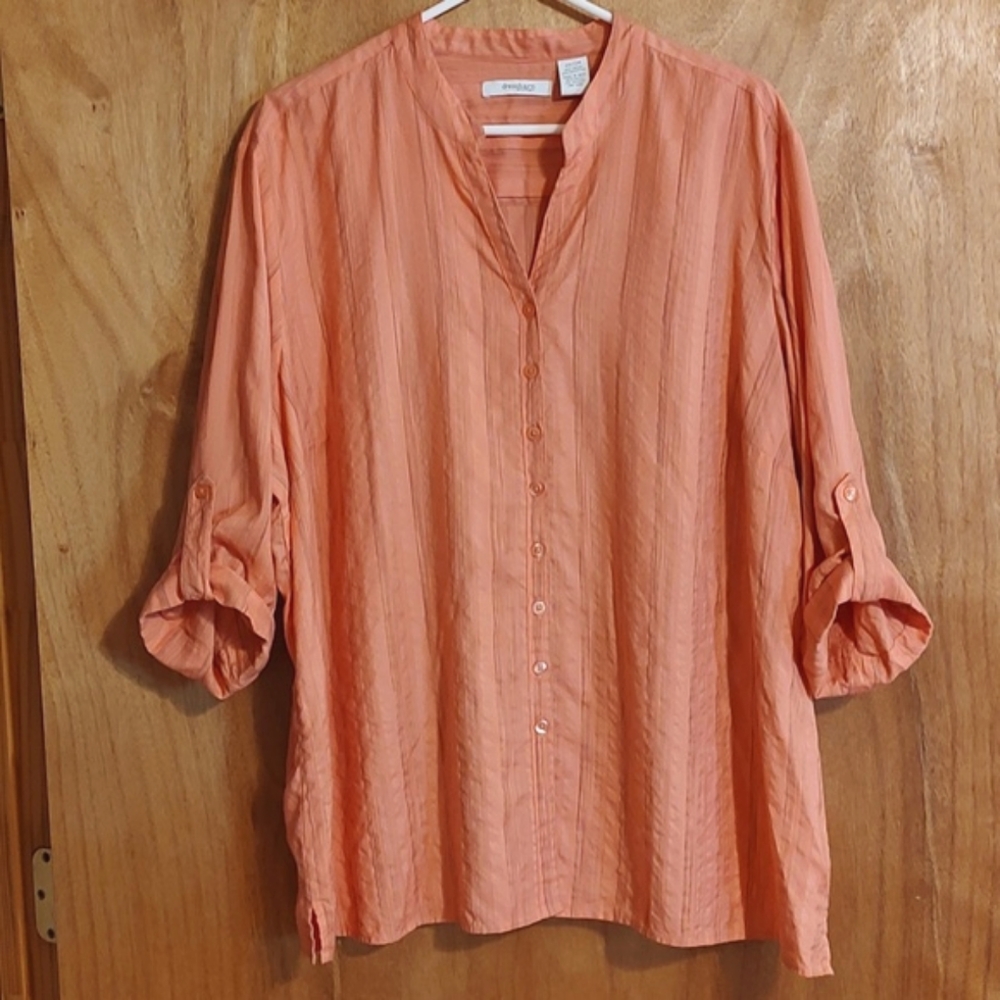 Dressbarn Split Neck Seersucker Blouse Peach Rayon Blend Rolled Sleeves 22/24
